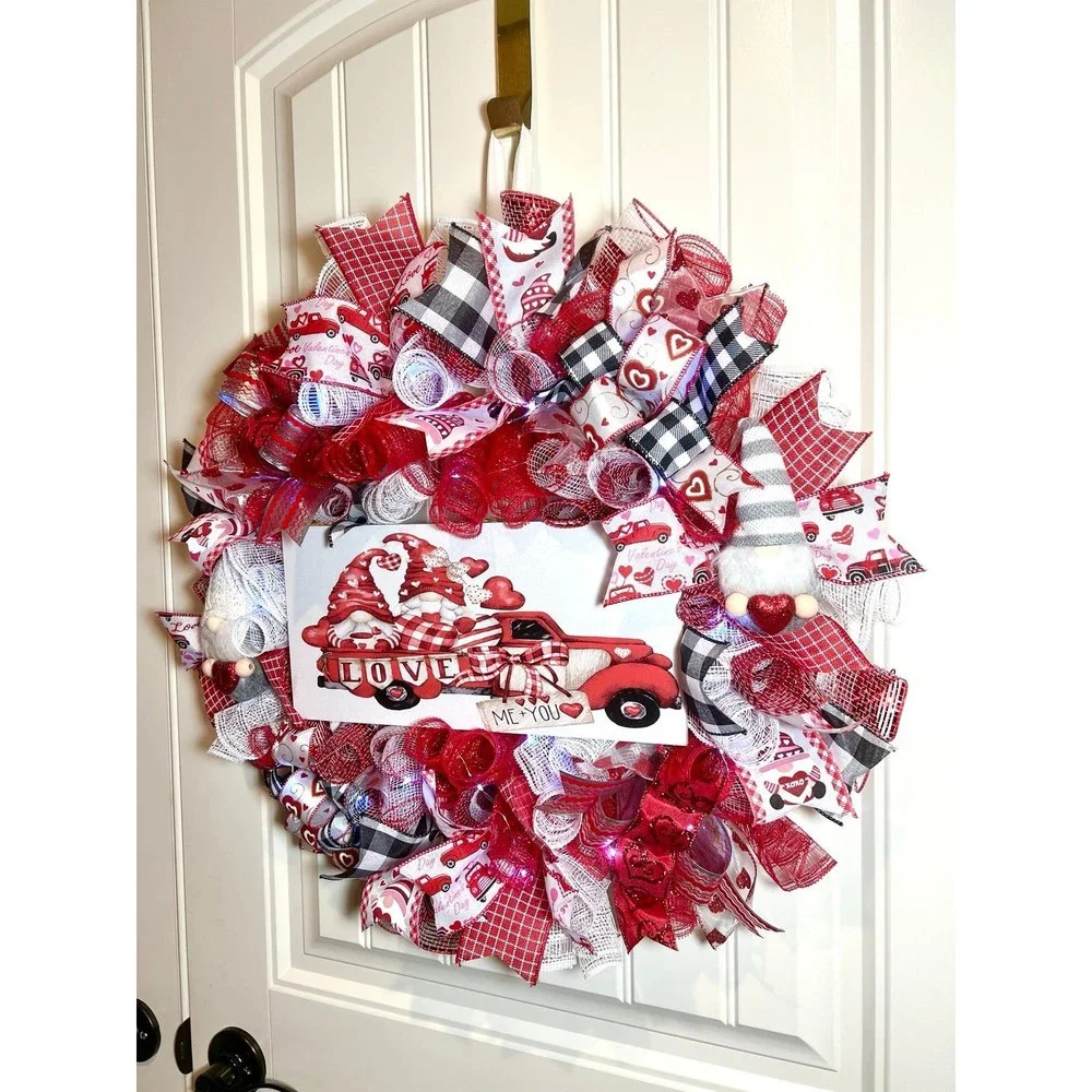 Handmade Valentine’s Gnome LOVE Truck Ribbon Prelit Wreath 22 ins LED W15
